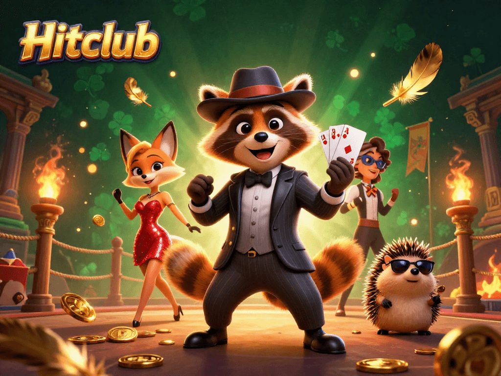Engage in riveting games at Hitclub, featuring a suave raccoon, charming fox, and vigilant hedgehog.