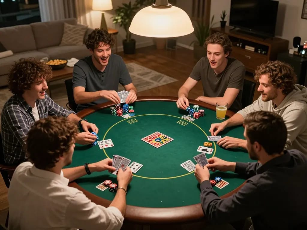 BUKA77 players engaging in a friendly poker game, emphasizing strategic gameplay and social interaction