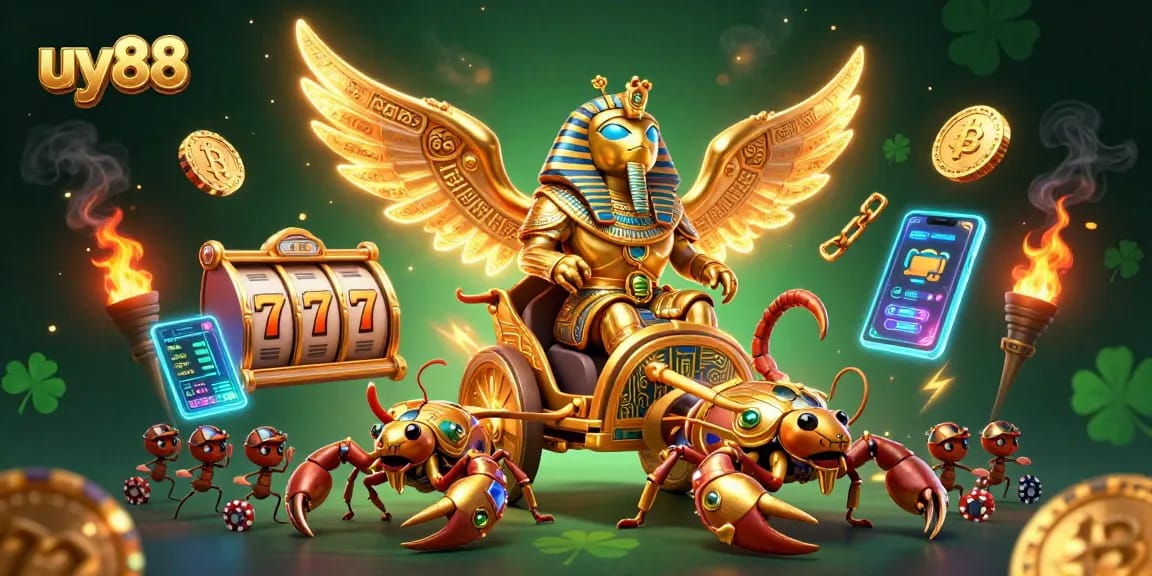 Join uy88 players in an exciting chariot ride featuring golden beetles and poker chips.