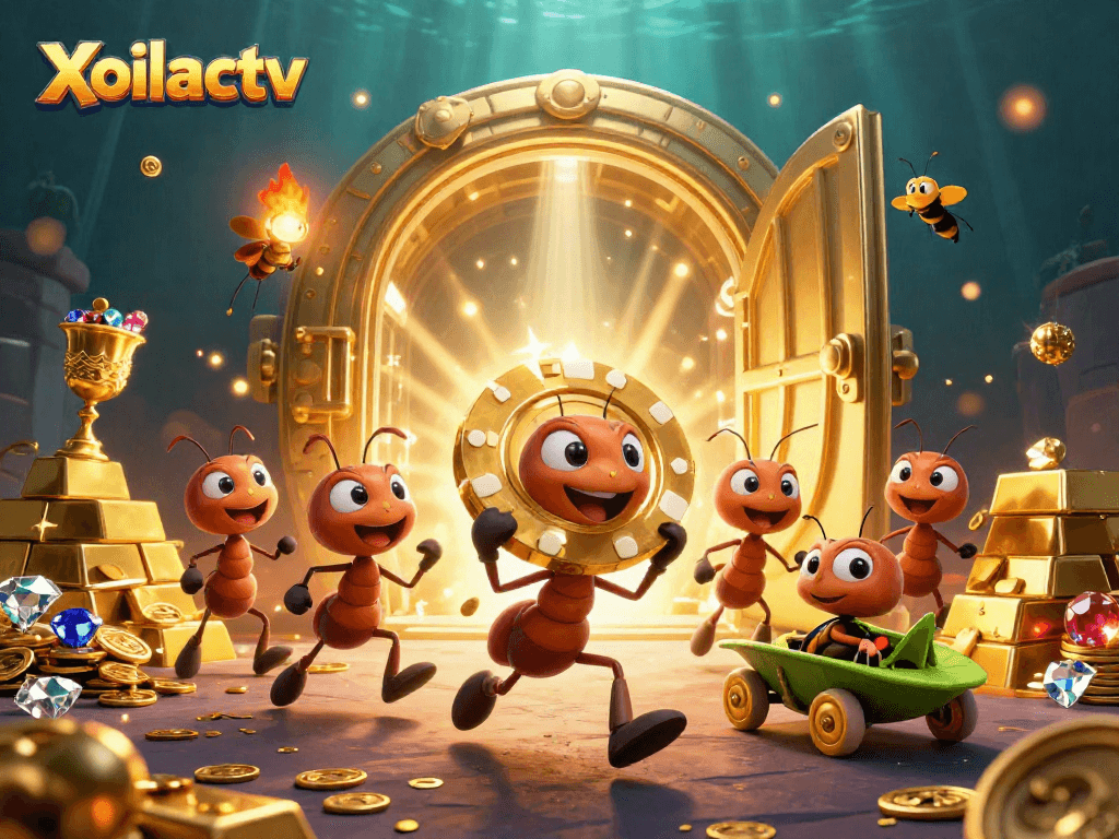 Xoilactv presents a dynamic heist scene featuring ants, gold poker chips, and treasures