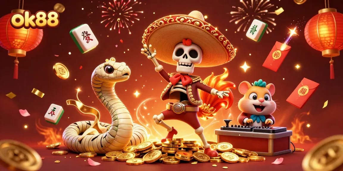 Experience thrilling wins with ok88, showcasing a festive 3D casino scene filled with vibrant characters and golden riches.