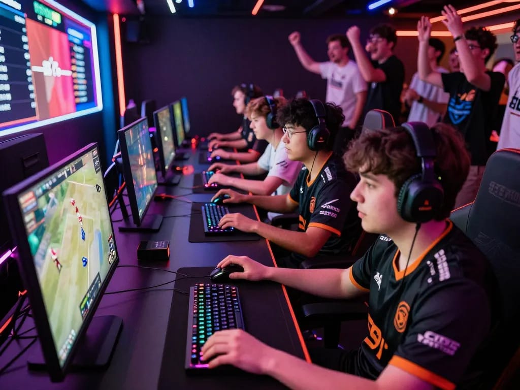 nổ hũ hubet88 gaming scene with players and vibrant esports atmosphere