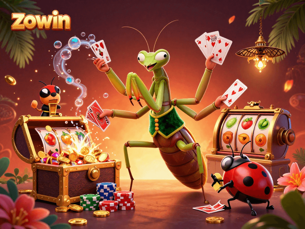Zowin captivates players with a vibrant scene featuring a giant card sharp and ladybug pit boss in a dazzling casino.