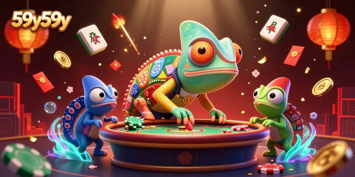 Experience the vibrant energy of 59y59y with a colorful chameleon casino owner in a rich, dynamic scene.