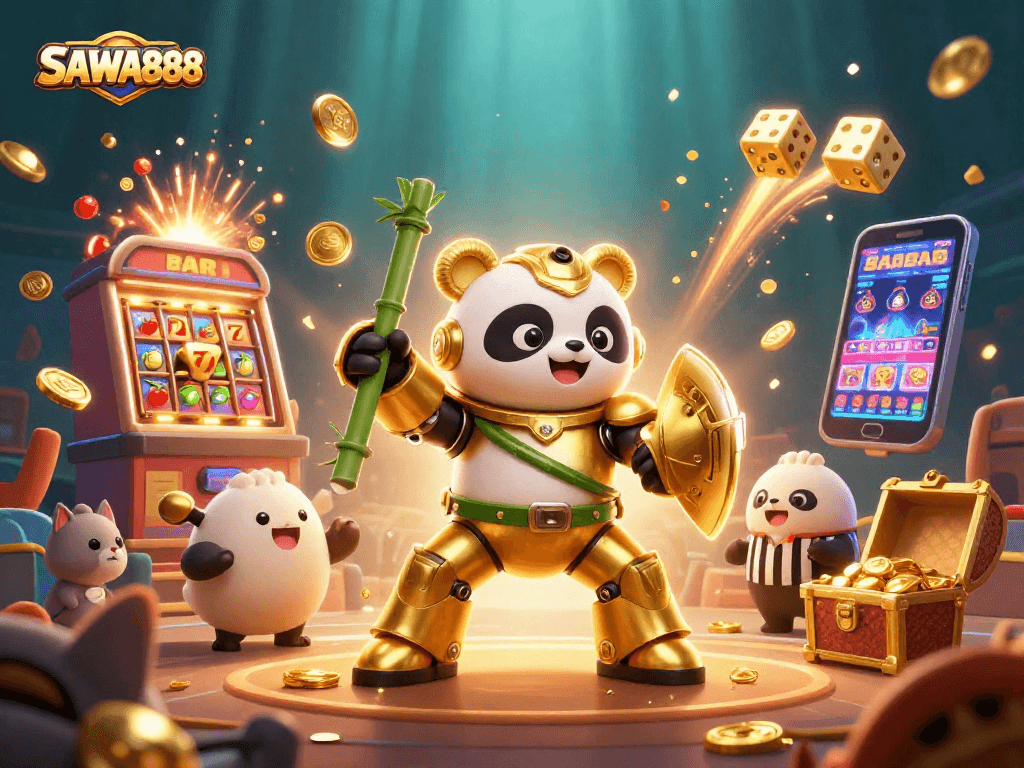 Engage in thrilling gaming with SAWA888's vibrant casino scene, featuring slot machines, golden panda, and exciting game elements.