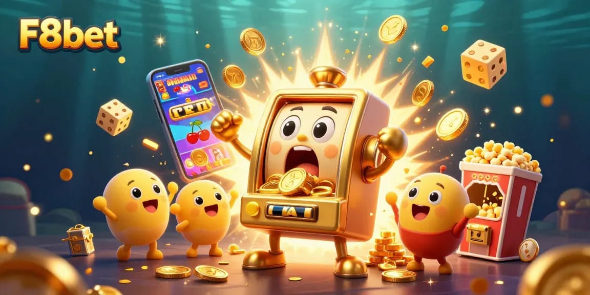 Experience the excitement of F8bet with a dynamic jackpot scene featuring golden slot machines bursting with coins.