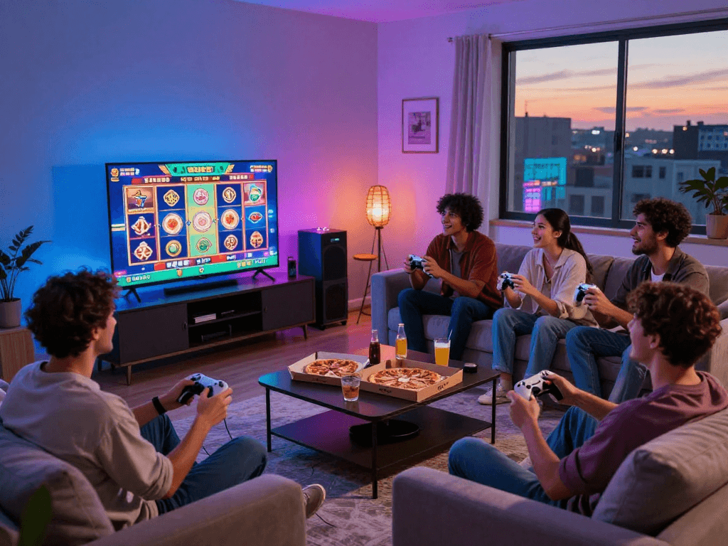 Amigos jogando na SPBET em ambiente animado, aproveitando bônus e giros grátis.
