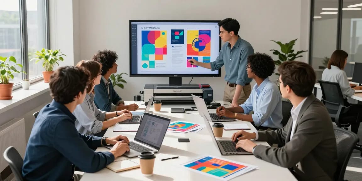 Group brainstorming about Poster Printer Machines in a bright office setting with printed materials and digital displays.