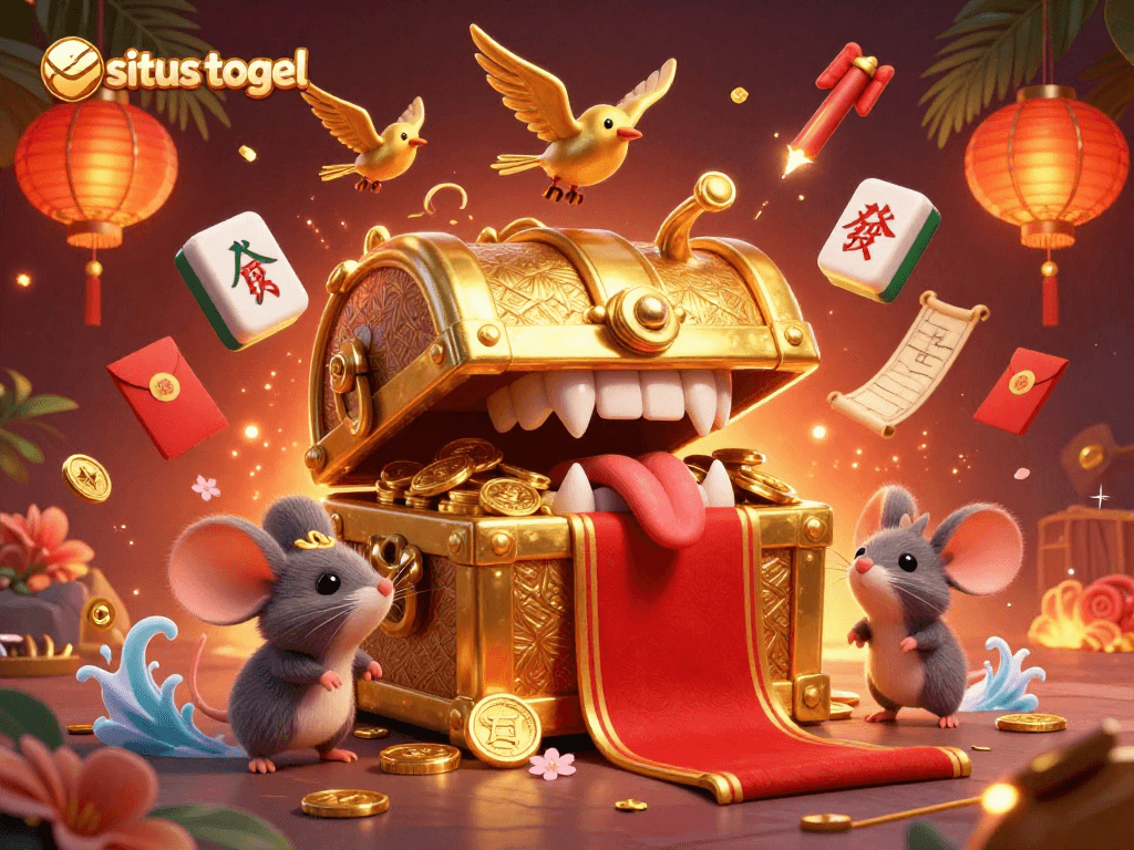 Engage in thrilling situs togel gameplay with golden treasures and festive elements in this vibrant illustration.