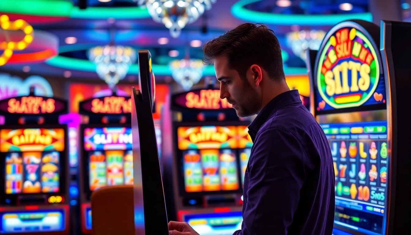 Menggandeng slot777 saat bermain mesin slot dengan latar belakang kasino yang cerah