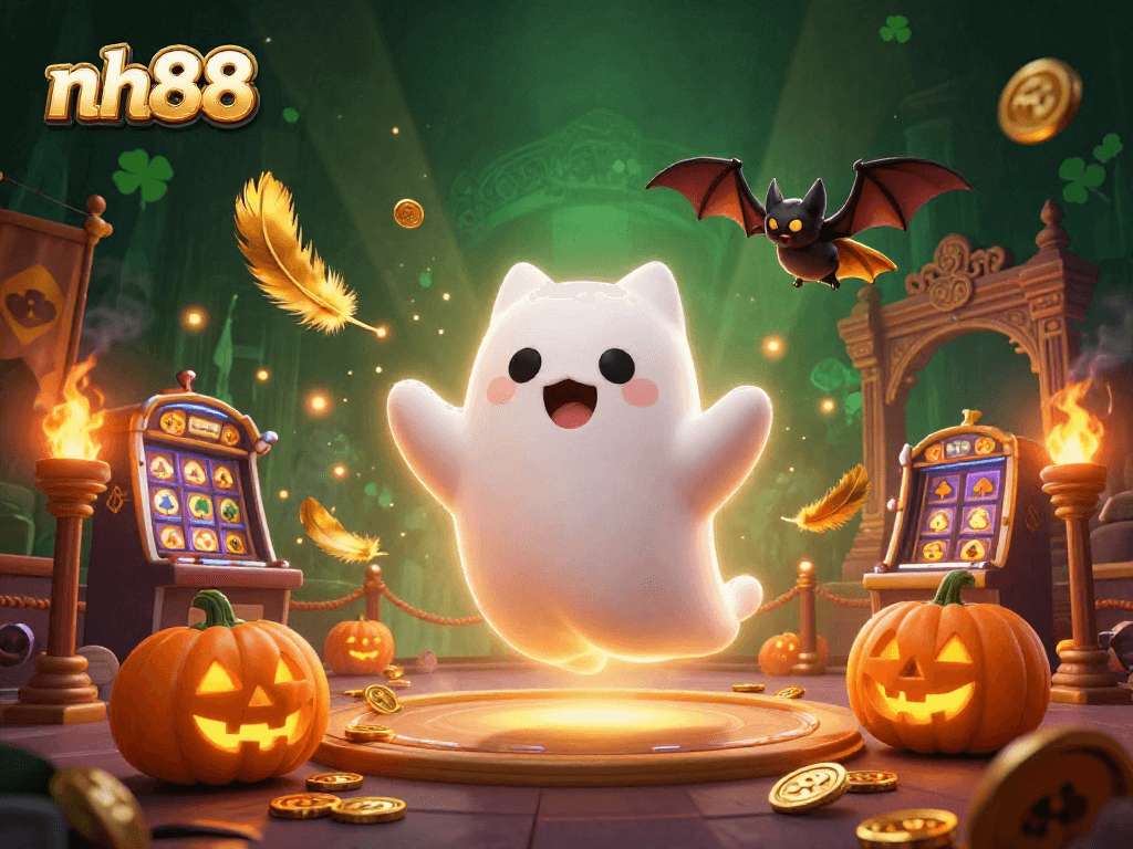 Play exciting games at nh88 with a captivating scene of a ghost cat and vampire bat, surrounded by casino elements.