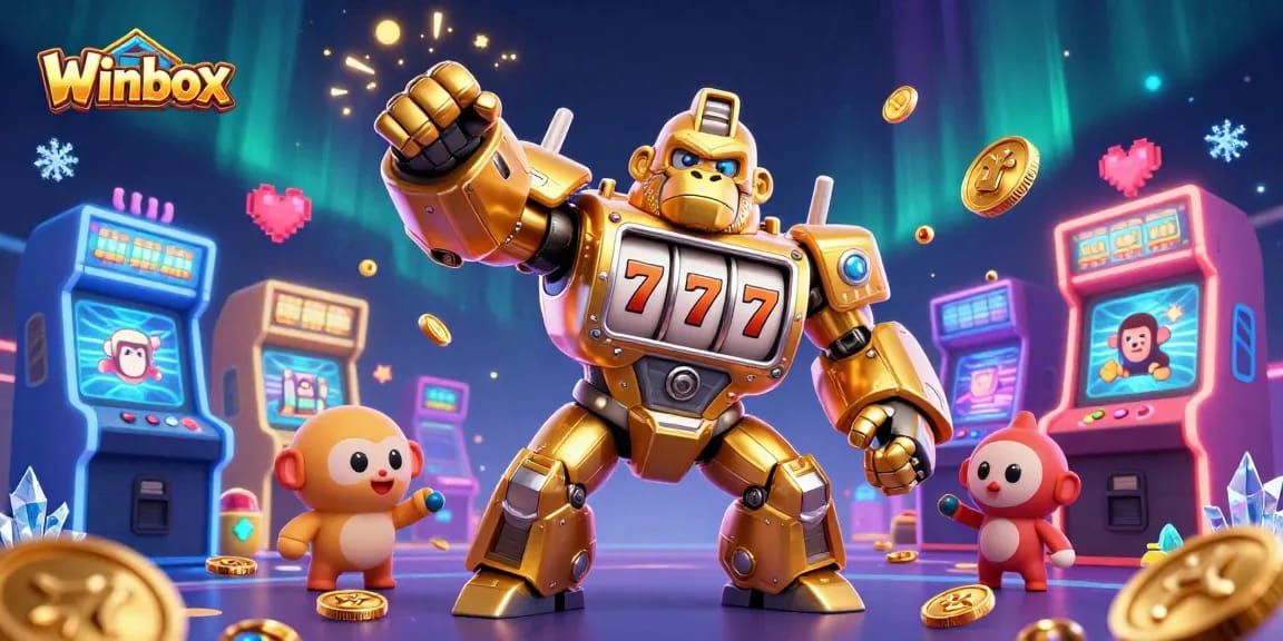Spin to win at Winbox, featuring dynamic golden gorilla mech and arcade elements in a vibrant casino setting.