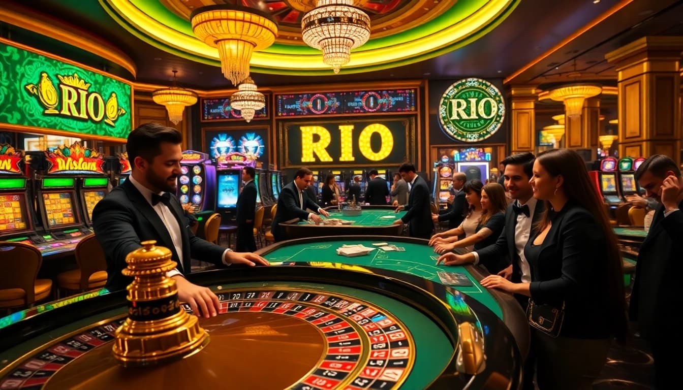 Gamblers enjoying an exciting ride at Rio-themed casino tables, winning big with cards and chips.