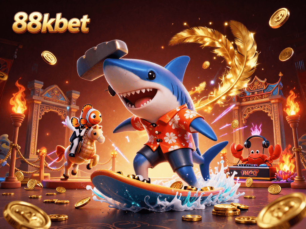 Experience exhilaration at 88kbet with animated casino fun featuring a shark, clownfish, and crab DJ.