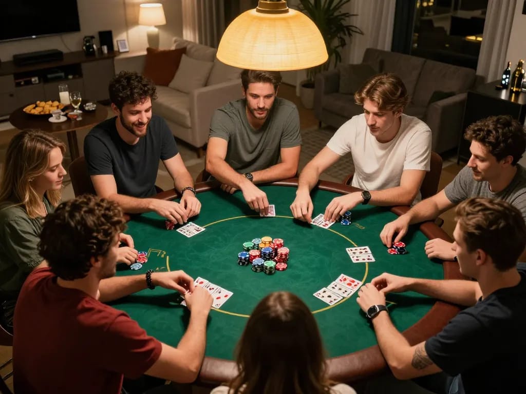 Engaged friends enjoying a poker game at home, emphasizing slot gacor hari ini for interactive fun.