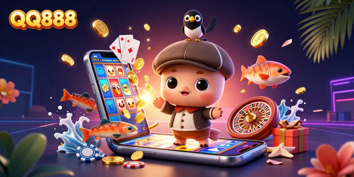 Experience the fun of QQ888 with a vibrant, dynamic casino-inspired scene featuring charming cartoon characters.