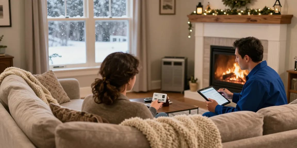 Homeowner discussing furnace repair Stevens Point with technician in warm living room.