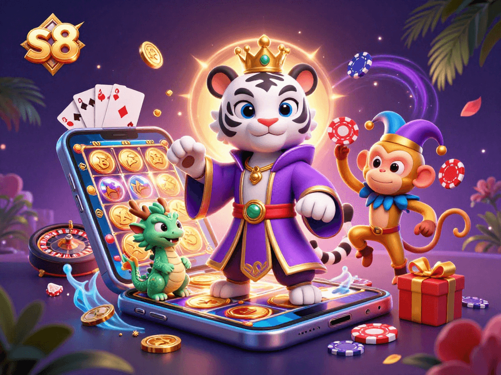Engage with s8's vibrant gaming world, featuring a royal white tiger and playful monkey amidst casino excitement.