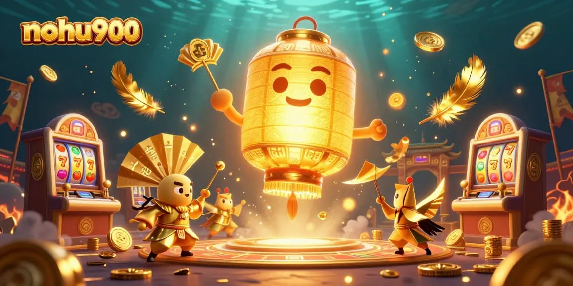 Nohu900 showcases a vibrant casino scene with a golden lantern spirit and slot machines