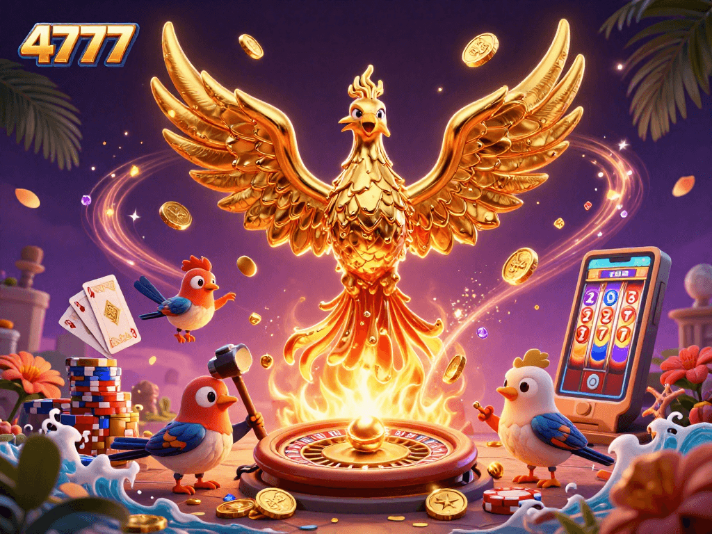 Experience the thrilling casino atmosphere with 4777's dynamic gaming elements and golden phoenix details.