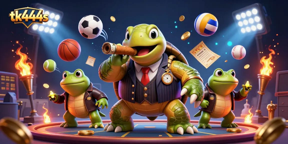 Experience thrilling bets with tk444s in a dynamic casino scene featuring a cartoon gangster turtle.