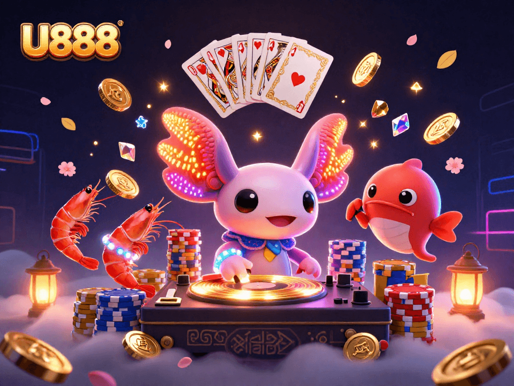 Experience thrilling gaming adventures at U888 with neon-themed characters and vibrant casino elements.