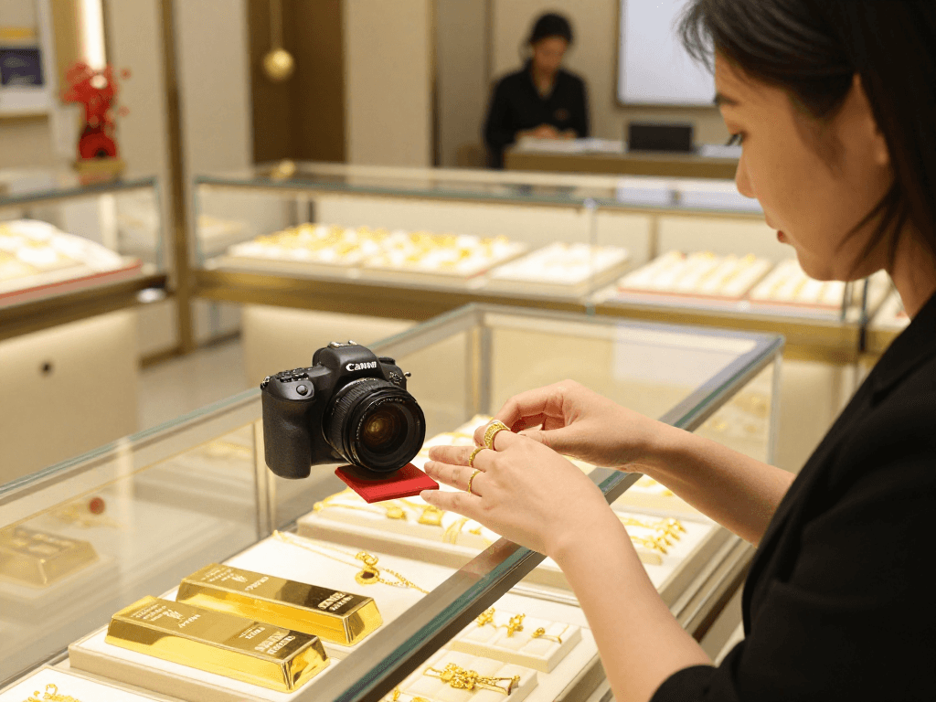 Explore exquisite gold jewelry at mantra88 in a sophisticated jewelry store environment.
