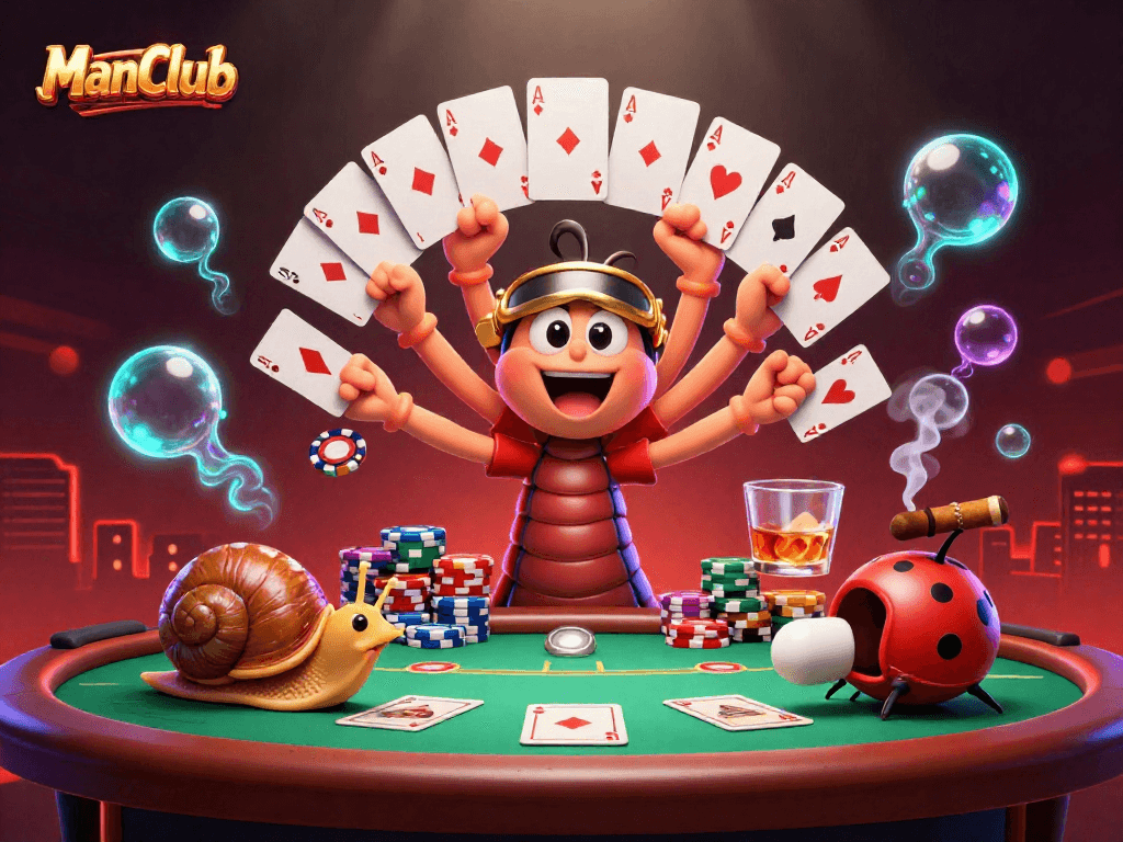 Experience the excitement at ManClub with a vibrant casino scene featuring playful characters and rich card games.