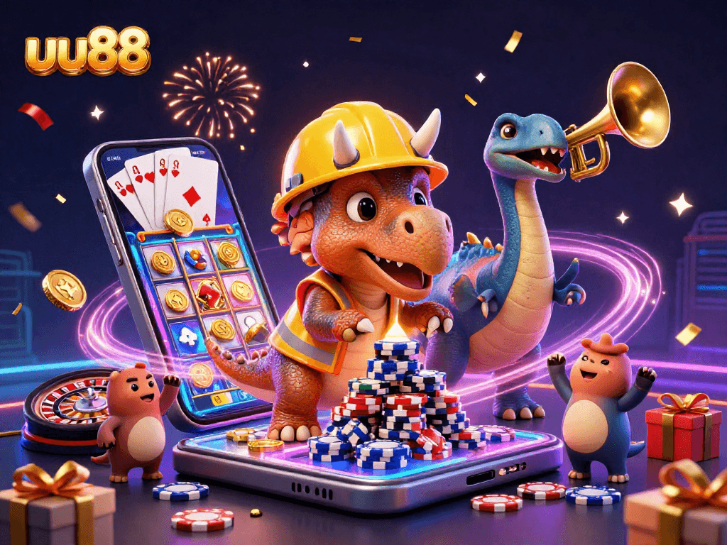 Celebrate wins with uu88 as the triceratops stacks poker chips and tiny compys cheer.