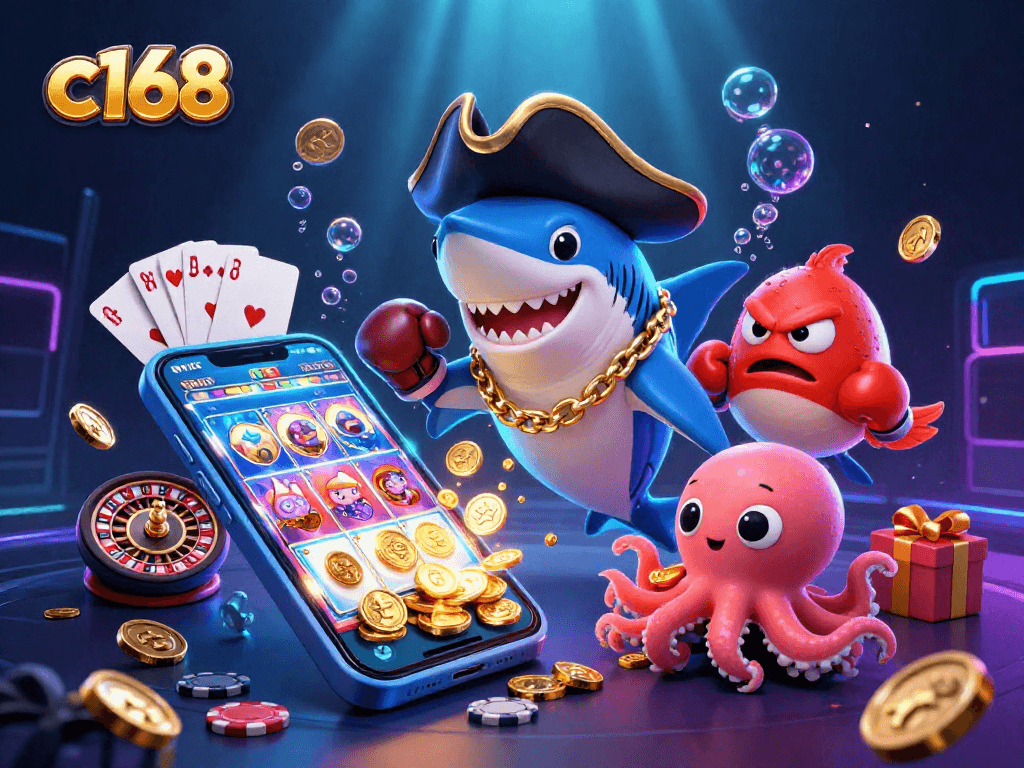 Spin colorful slot reels with c168's pirate-themed 3D casino characters and dynamic game elements.