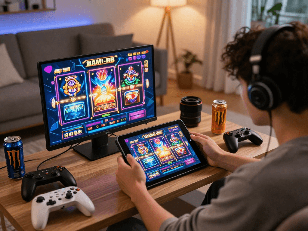 Pengalaman bermain slot88 yang menarik di ruang tamu dengan aksesori gaming yang berwarna-warni, menunjukkan suasana permainan yang menyenangkan.