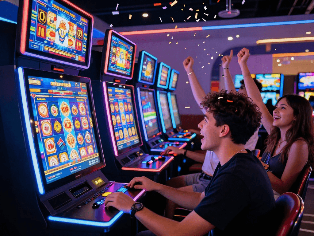 Celebrating a big win at a slot game with friends in a vibrant gaming lounge.
