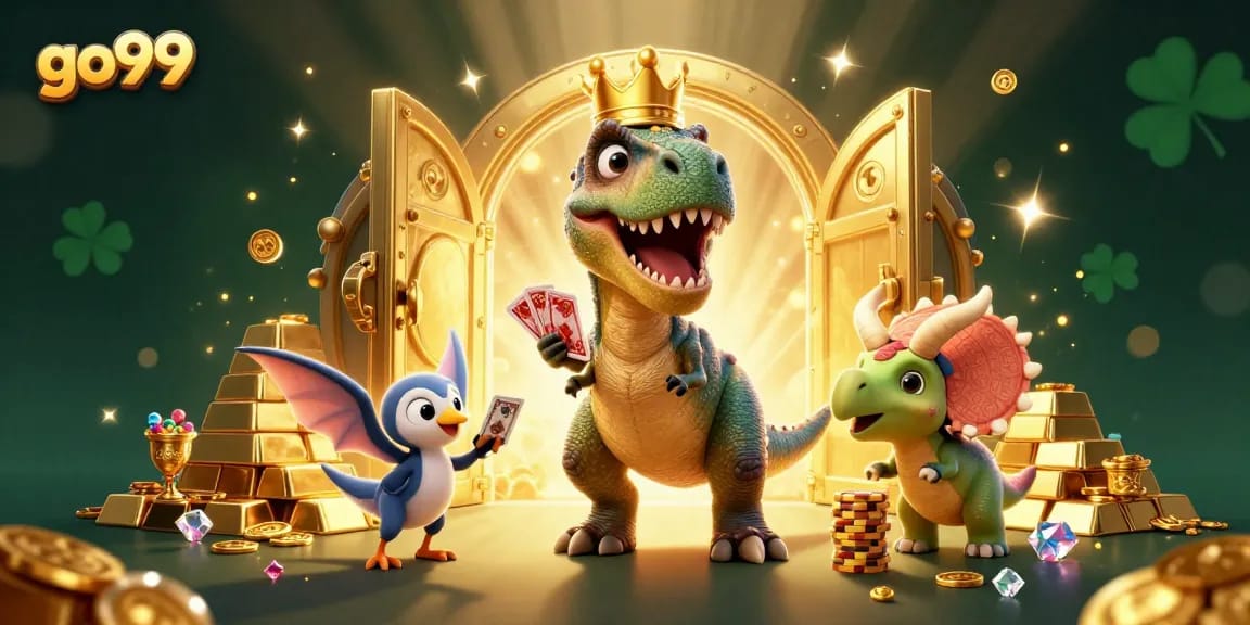 Experience the fun at go99, where a T-Rex and friends shuffle cards and stack chips amid treasure.