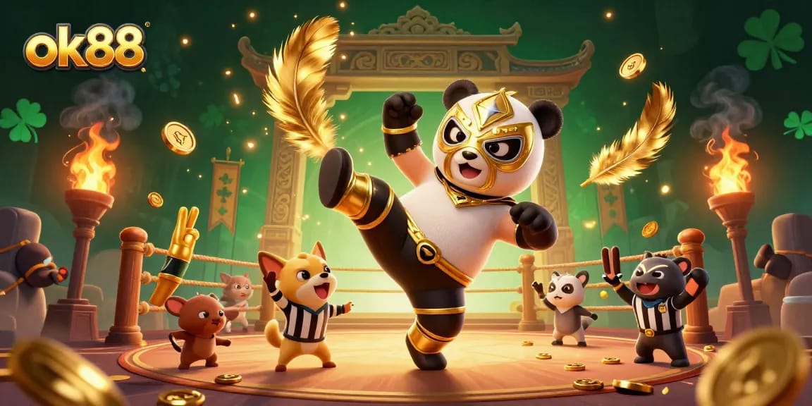 Experience the excitement of ok88 online betting with a vibrant scene featuring a wrestling panda and cheering animal fans.