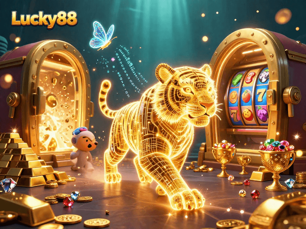 Experience the excitement of Lucky88 with a neon wireframe tiger and dazzling casino treasures.