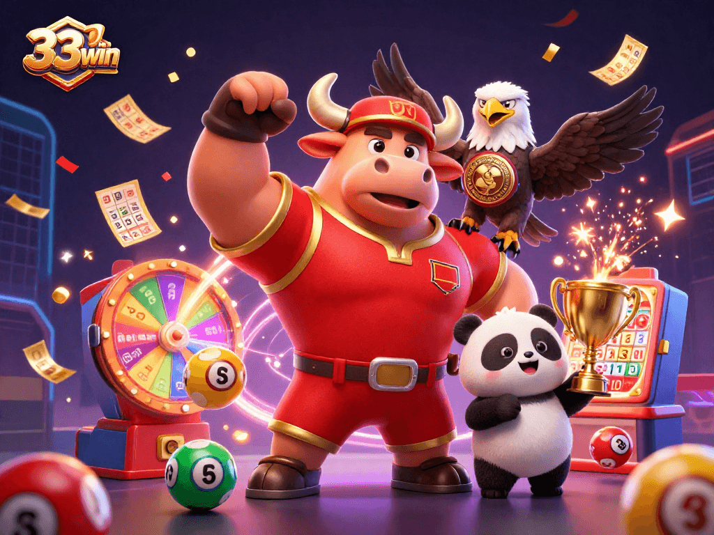 33win celebrates with a dynamic scene featuring a bull mascot, eagle, and panda amidst lively game elements.