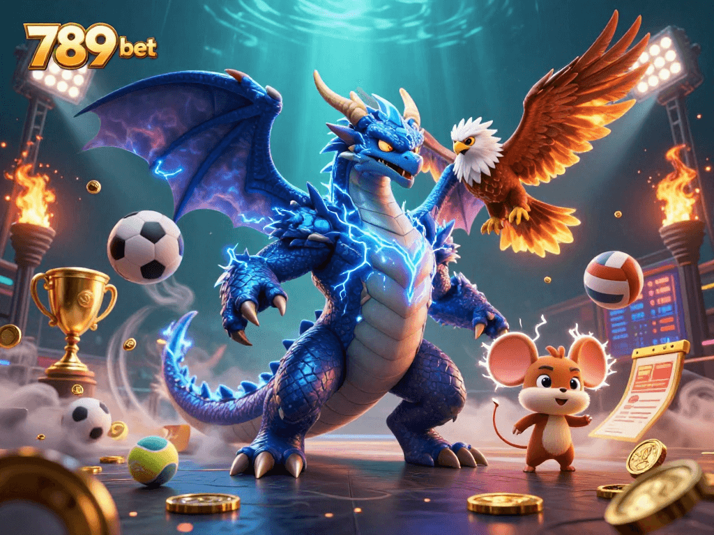 Experience thrilling gameplay with 789 bet as the electrifying dragon and hawk interact with dynamic sports elements in this vibrant scene.