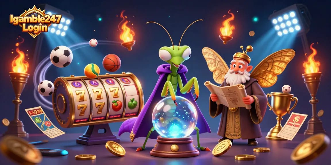 Engage in gaming excitement at Igamble247 Login with a dynamic scene of fortune tellers and vibrant casino elements.