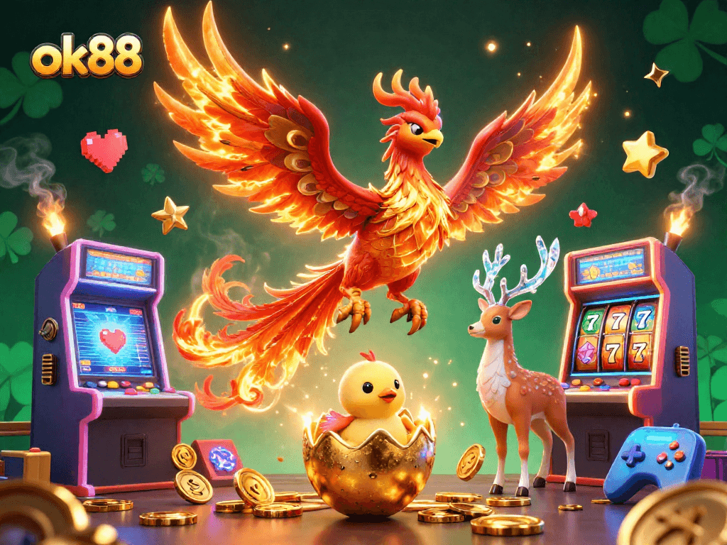 Experience the thrill with ok88's vibrant gaming scene featuring a phoenix, chick, and stag.