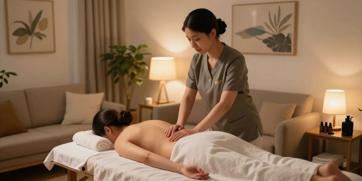 출장마사지 in a serene home atmosphere with a professional therapist providing service.