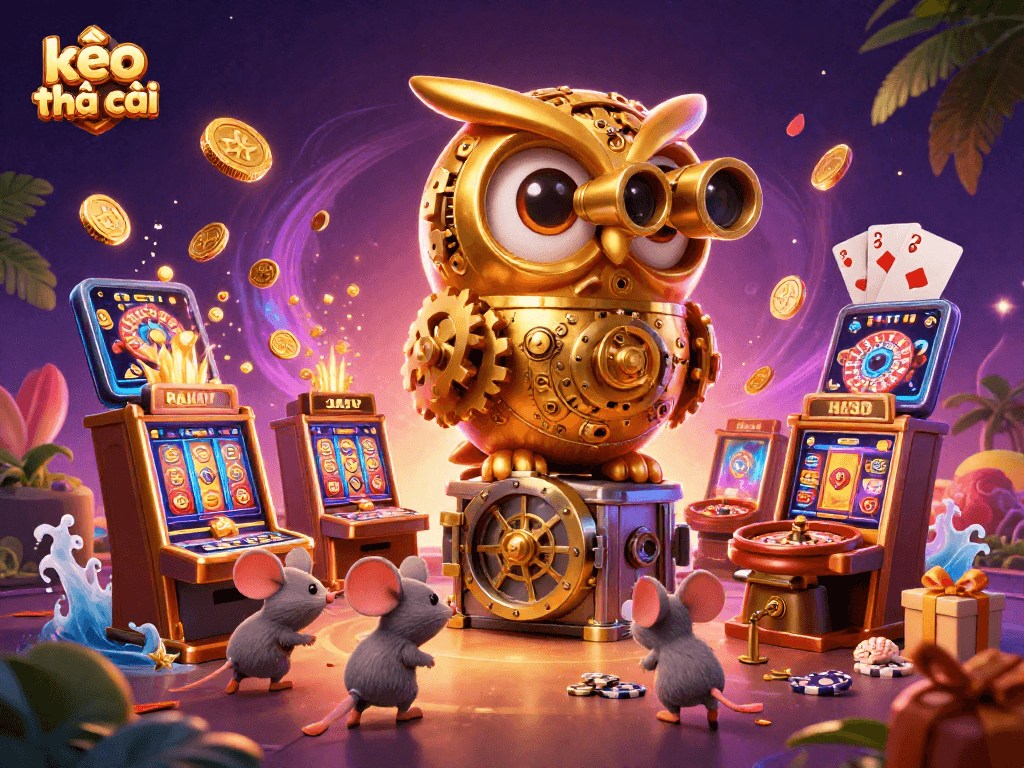 Engage with kèo nhà cái through a vibrant 3D casino scene featuring a golden owl and lively mouse patrons.
