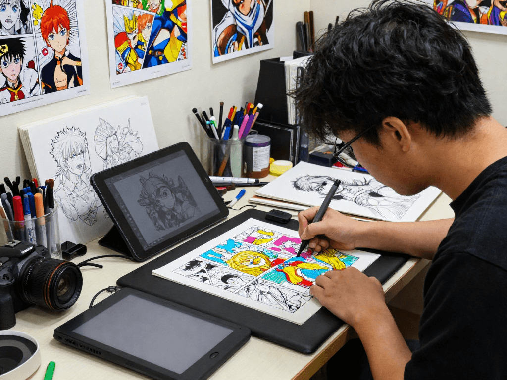 Engaging manga artist creating vibrant content on https://hitomi-mangaraw01.com/ in a lively studio.