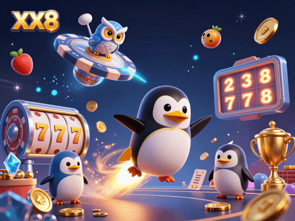 XX8 showcases a golden penguin soaring into a vibrant gambling universe, filled with energy and rich gaming elements.