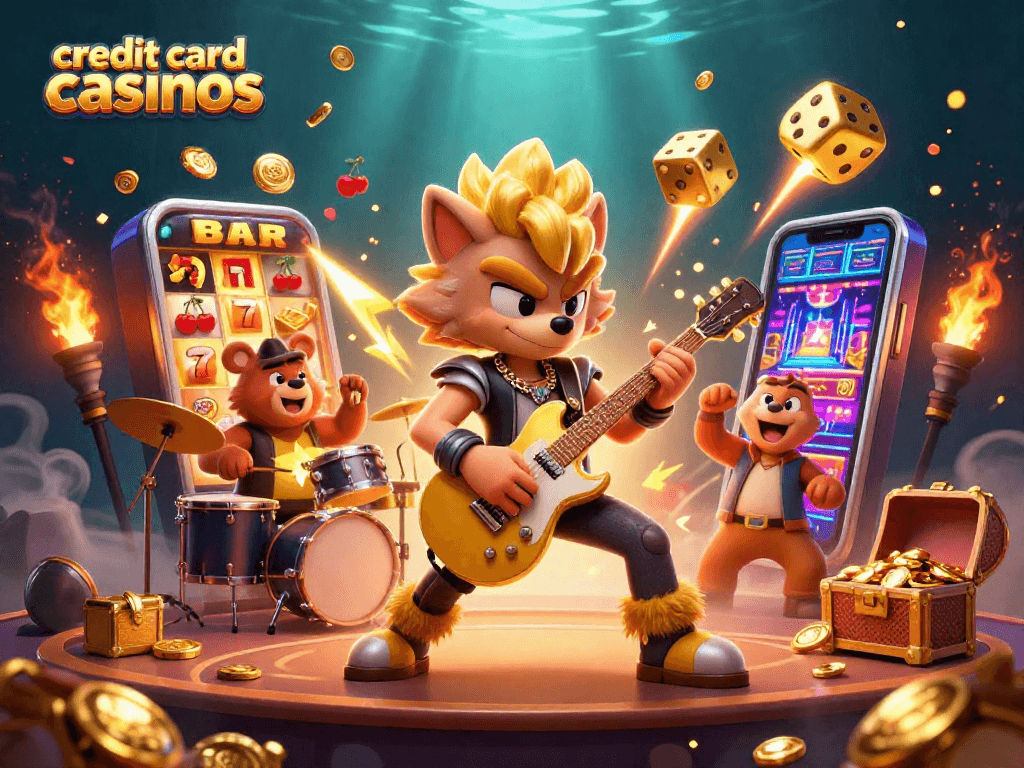 Experience thrilling action with credit card casinos in a vibrant 3D casino scene featuring dynamic characters.