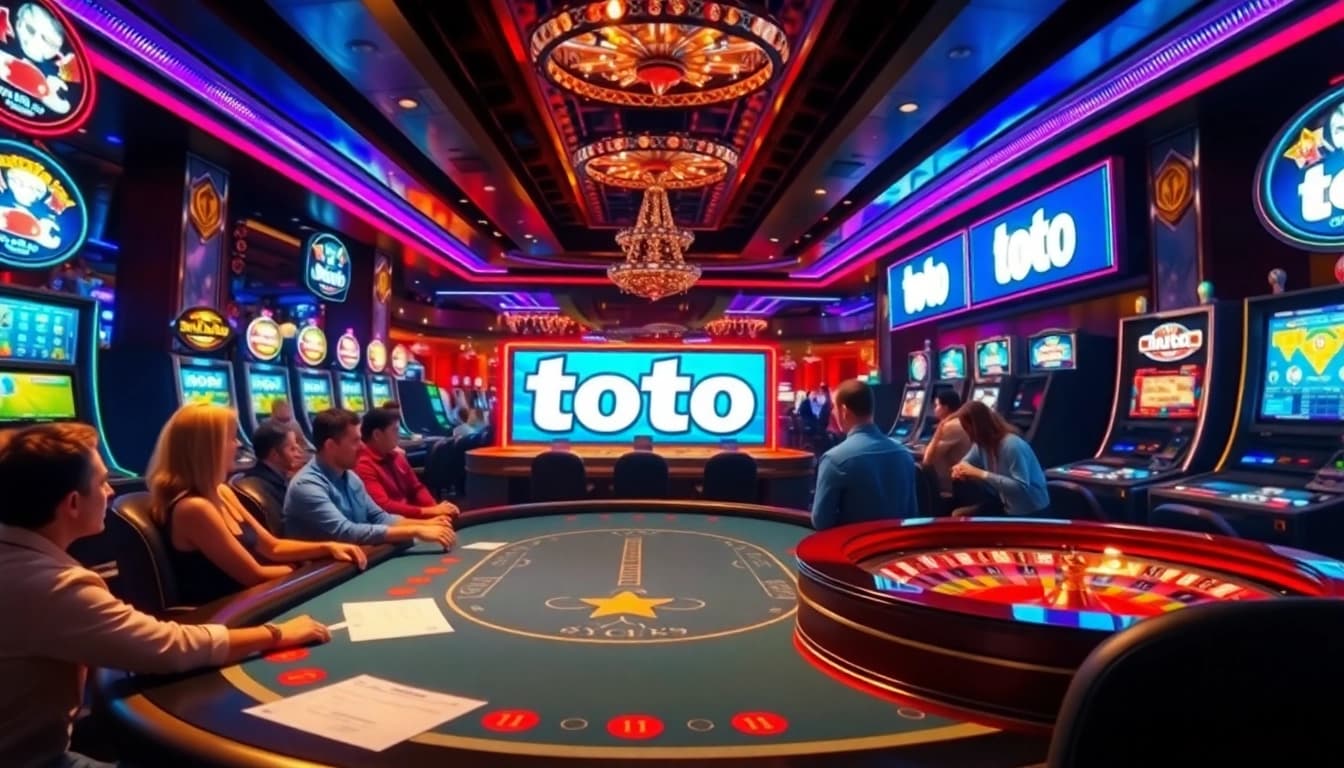 Action-packed scene of toto slot gameplay with vibrant casino elements and high-stakes excitement.