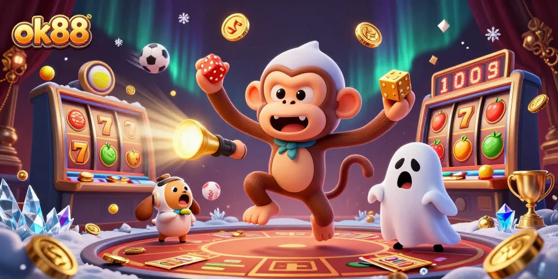 Engage in thrilling gaming with ok88 as a playful poltergeist monkey and ghost-hunter puppy light up the casino.