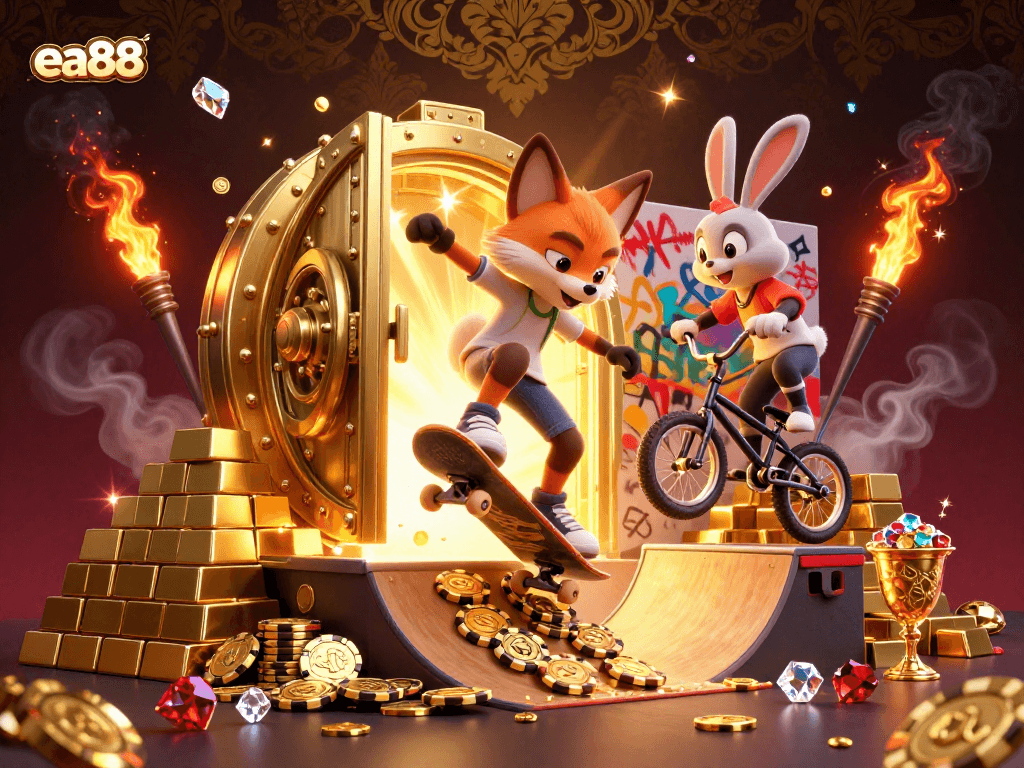 Experience the thrill of ea88 gaming with an energetic scene featuring a skateboarder fox and BMX-riding rabbit amidst golden treasures and casino symbols.