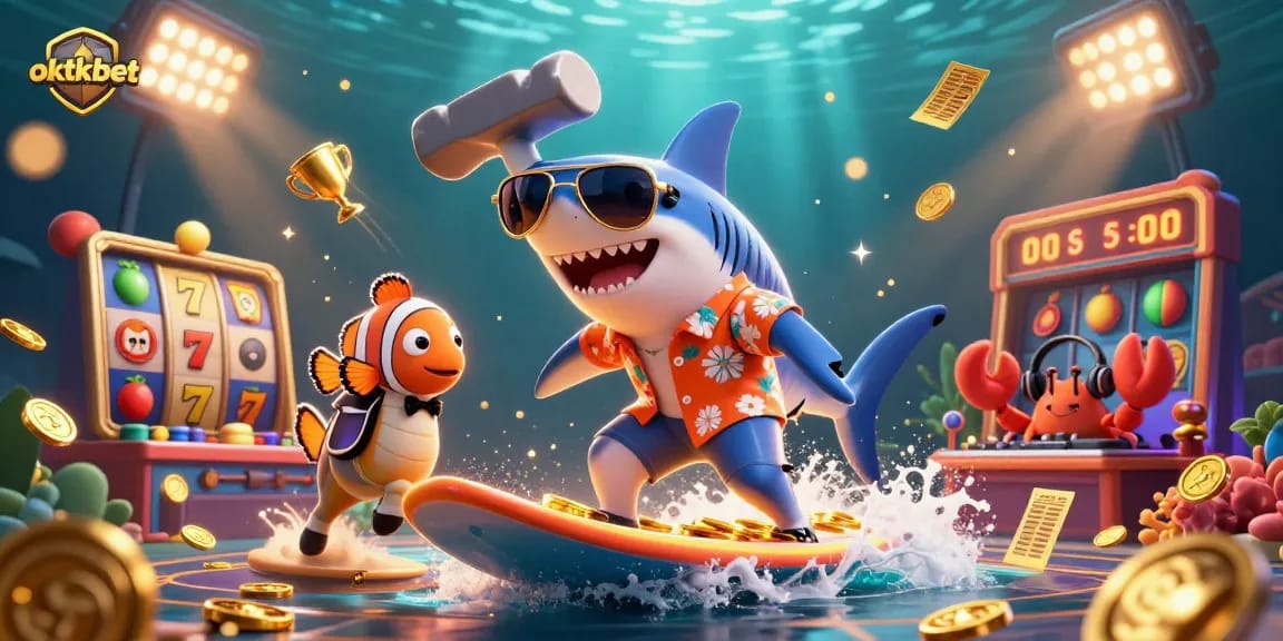 Experience thrilling gameplay with oktkbet's dynamic 3D casino scene featuring a shark, clownfish, and crab DJ.