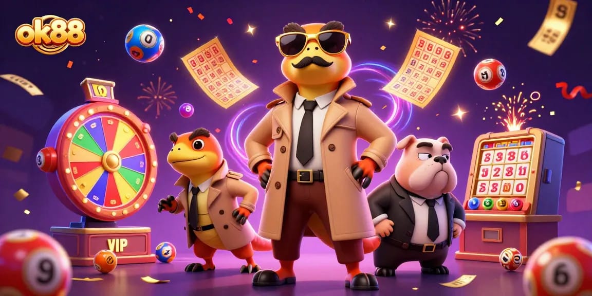 Join the excitement with ok88 as lottery balls bounce amidst playful raptors at a VIP casino entrance.
