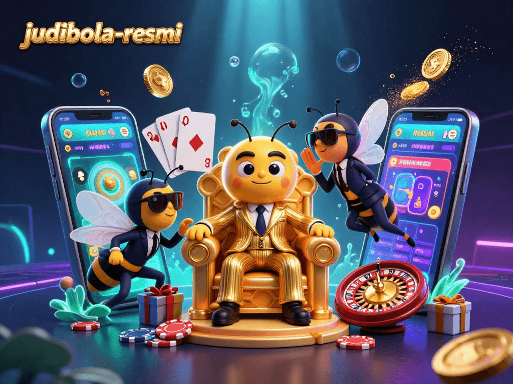 Fun sports betting illustration featuring judibola-resmi with cartoon characters and game elements attracting players.